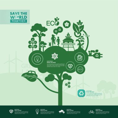 Yeşil ekoloji vektörü illüstrasyonuyla birlikte dünyayı kurtarın.