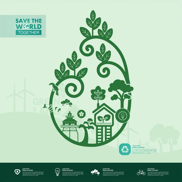 Сохранить Мир Вместе Зеленый Вектор Экологии Иллюстрации — стоковый вектор