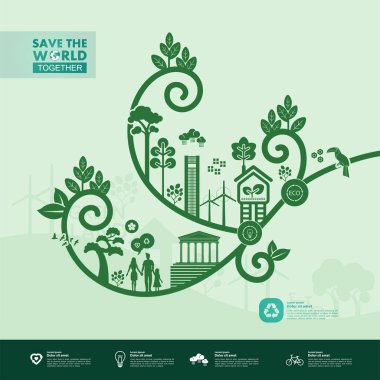 Yeşil ekoloji vektörü illüstrasyonuyla birlikte dünyayı kurtarın.