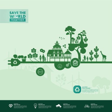 Yeşil ekoloji vektörü illüstrasyonuyla birlikte dünyayı kurtarın.