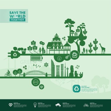 Yeşil ekoloji vektörü illüstrasyonuyla birlikte dünyayı kurtarın.
