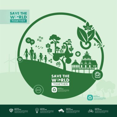 Yeşil ekoloji vektörü illüstrasyonuyla birlikte dünyayı kurtarın.