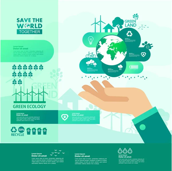 緑の生態ベクトル図を一緒に世界を救う — ストックベクタ