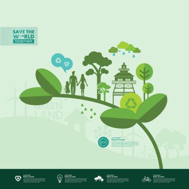 Yeşil ekoloji vektörü illüstrasyonuyla birlikte dünyayı kurtarın.