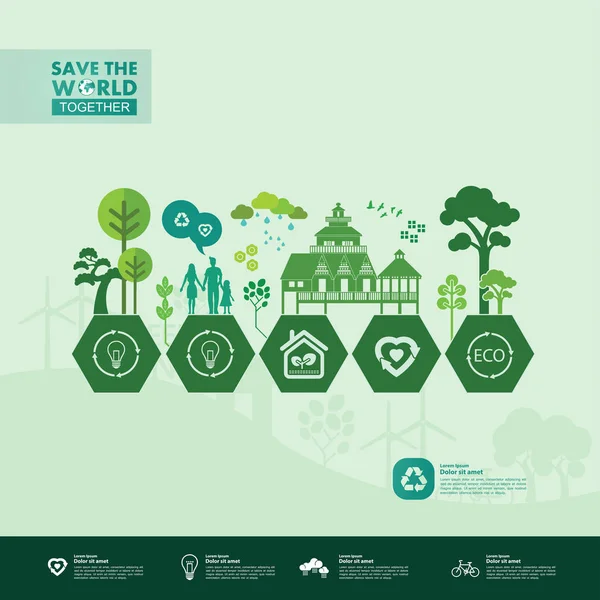 Salvar Mundo Juntos Ecologia Verde Ilustração Vetorial —  Vetores de Stock