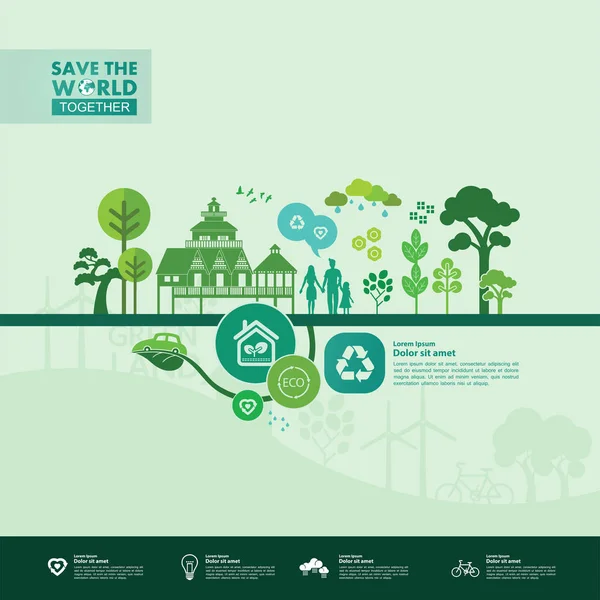 Uratować Świat Razem Zielony Wektor Ekologiczny Ilustracja — Wektor stockowy
