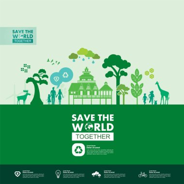 Yeşil ekoloji vektörü illüstrasyonuyla birlikte dünyayı kurtarın.