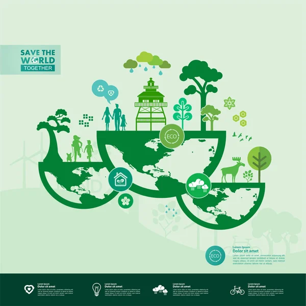 Σώστε Τον Κόσμο Μαζί Πράσινο Οικολογία Διανυσματική Απεικόνιση — Διανυσματικό Αρχείο