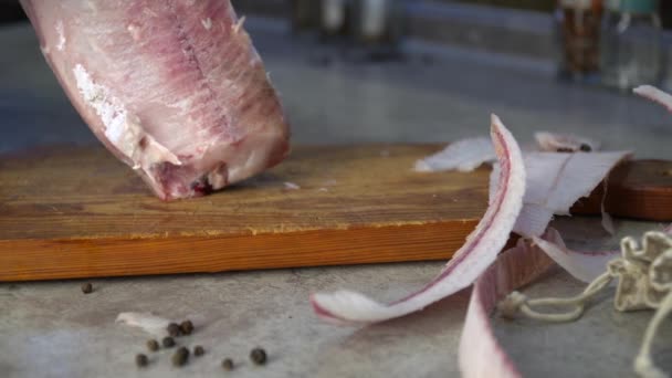 Sharp Knife Wooden Board Cut Layers Fresh Frozen Fish — Stock Video