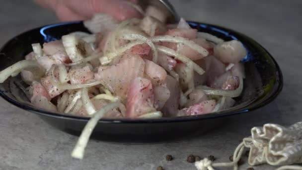 Блюдо Замороженной Рыбы Нарезанной Небольшими Кусочками — стоковое видео