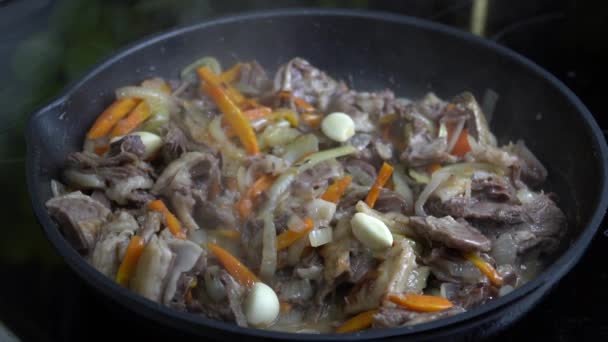 Incorporer dans la poêle de délicieuses viandes frites avec des légumes — Video