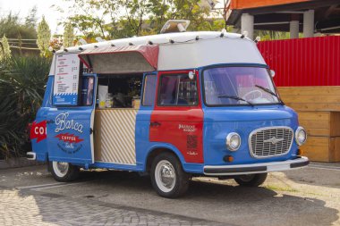 Russia, Sochi, October, 2019: Street coffee shop of old retro minibus. car is equipped for sale of coffee and drinks. 