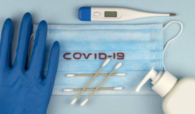 Küresel salgın COVID 19 'u durdurun. Coronavirus önleme cerrahi maskeler ve el hijyeni için dezenfektan jel yayma koruması. Vücut ısısını ölçmek için elektronik termometre. en üstteki görünüm.