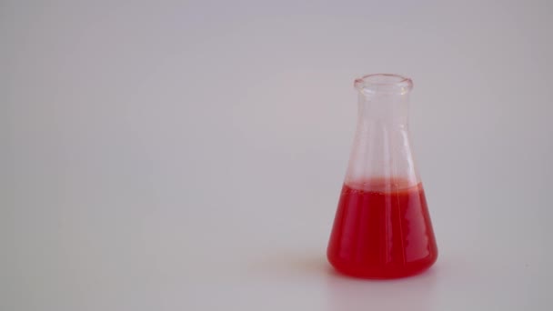 实验室玻璃器皿 白色底座上有液体 玻璃化学瓶 红色试剂 化验室用玻璃器皿 在三分法分析中使用了Erlenmeyer瓶 — 图库视频影像