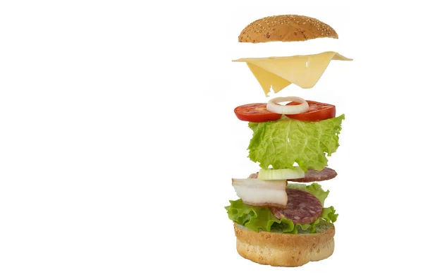 Літаючий Сендвіч Білому Тлі Концепція Харчування Готувати Бургер Копіювання Простору — стокове фото