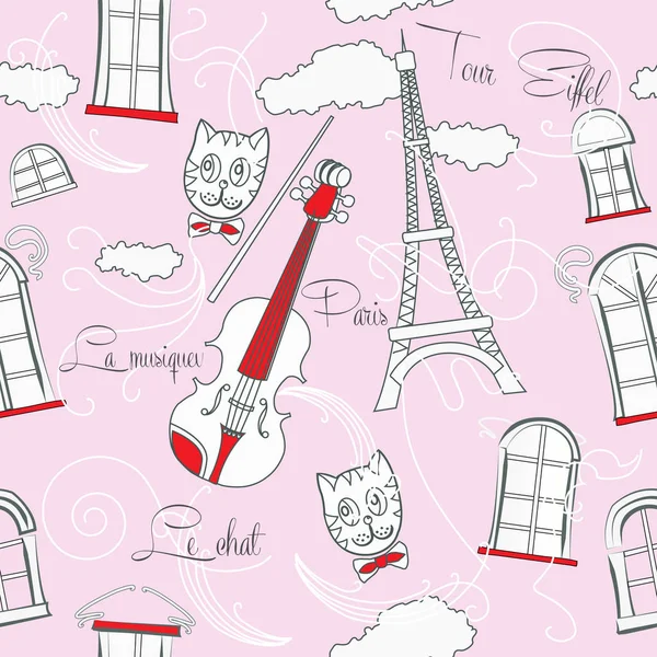 Pink Seamless pattern with music and city