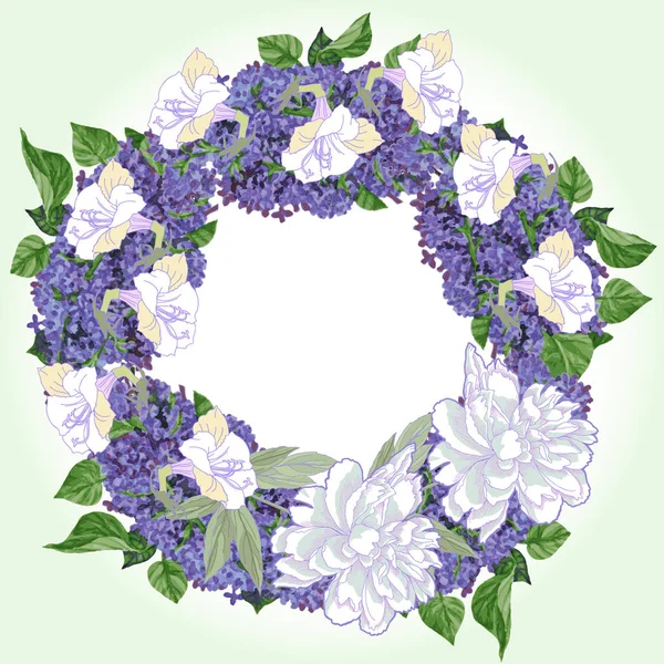 Wreath with two white peonies and lilac — Stock Vector