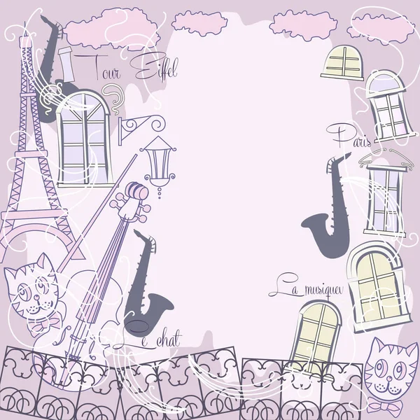 Фон с музыкой, саксофоном и кошкой — стоковый вектор