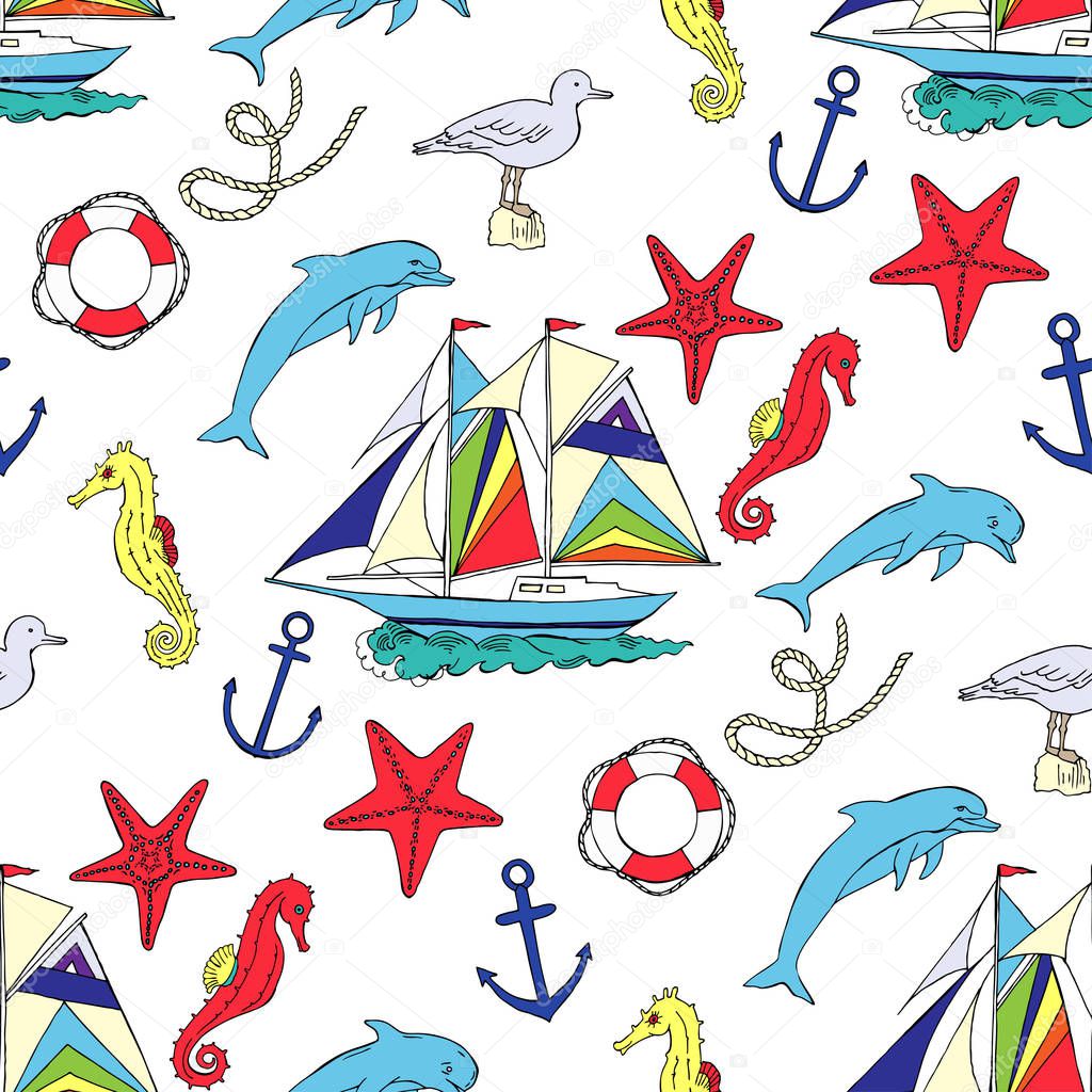 Nautical seamless pattern with ships