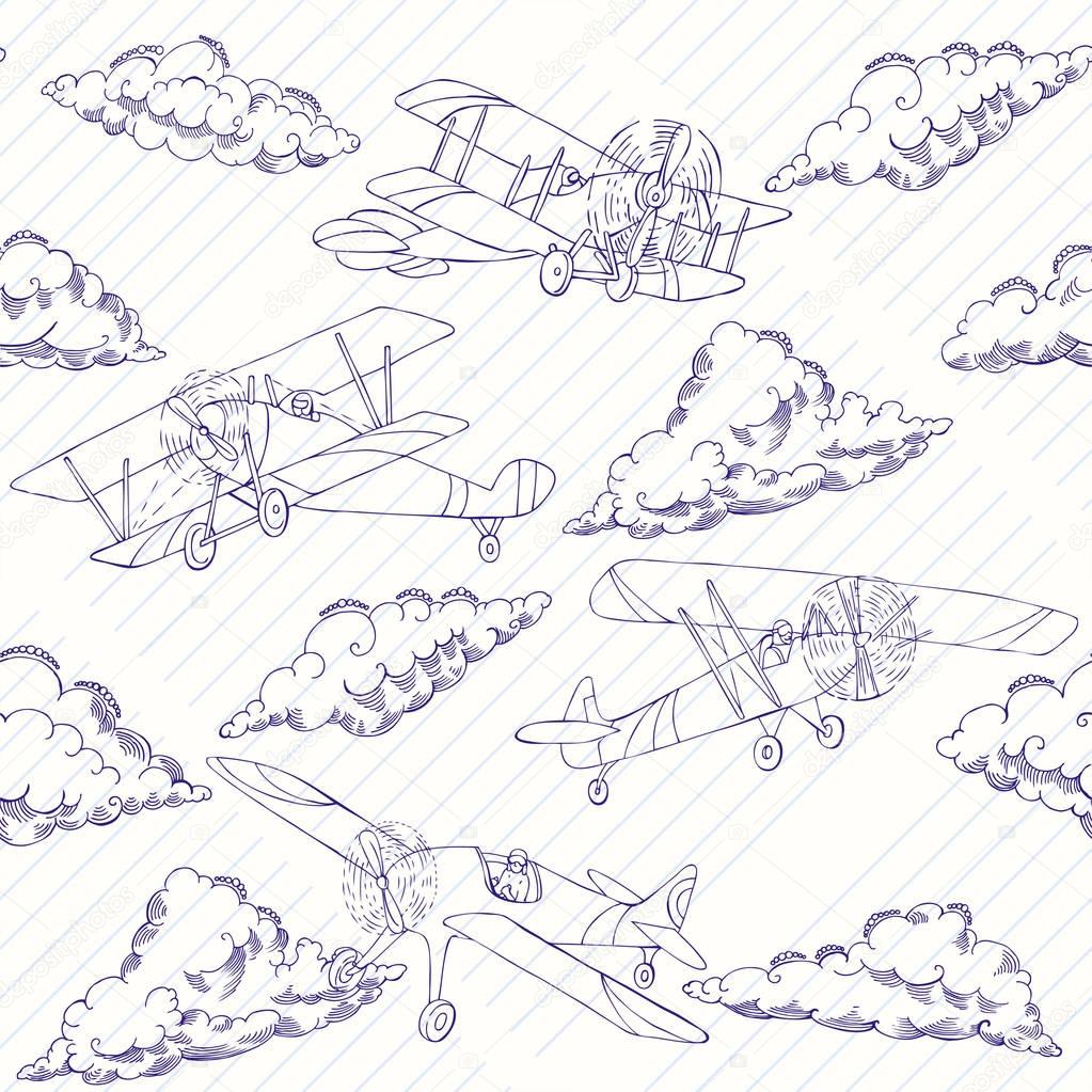 Seamless pattern with clouds and airplanes