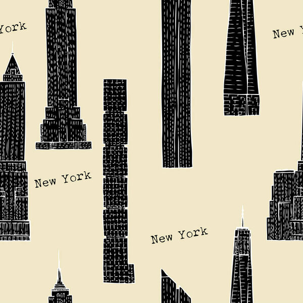 Бесшовный рисунок с небоскребами. Ручные эскизы городских пейзажей
