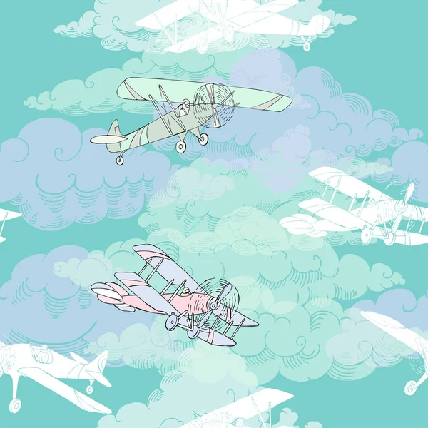 Patrón sin costuras con nubes y aviones — Archivo Imágenes Vectoriales