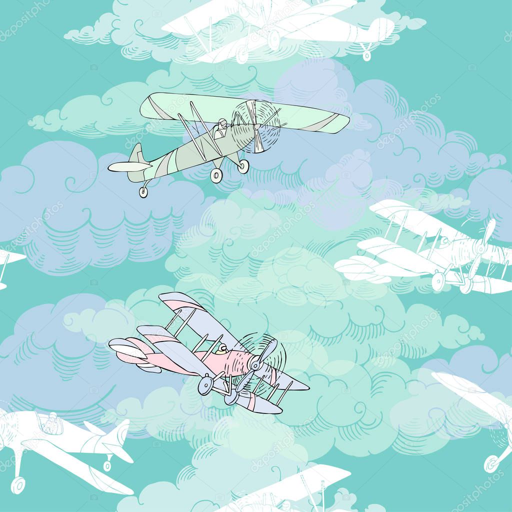 Seamless pattern with clouds and airplanes