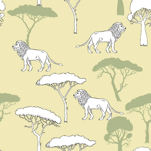 Seamless Pattern with Lion and savanna trees