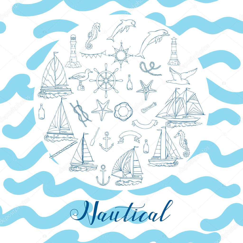 Nautical background hand drawn elements