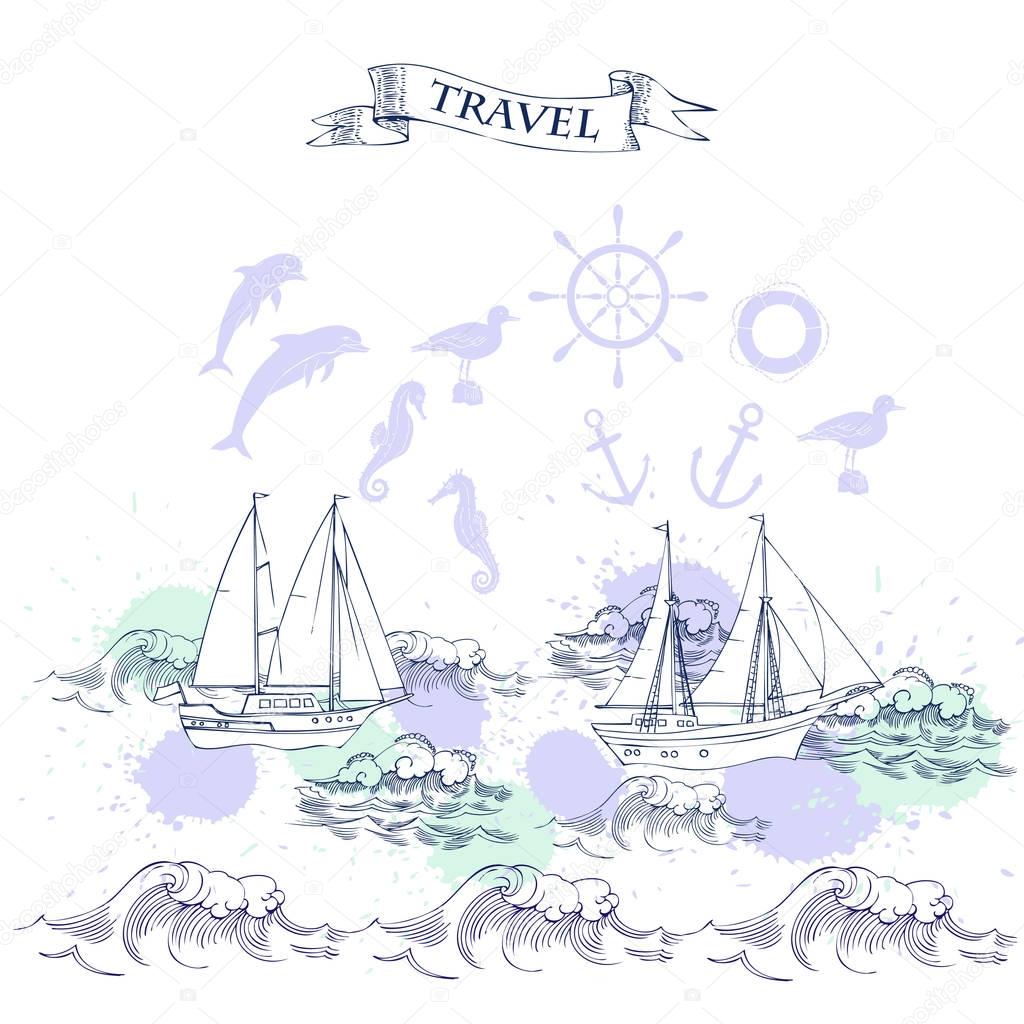 Background with ships and waves