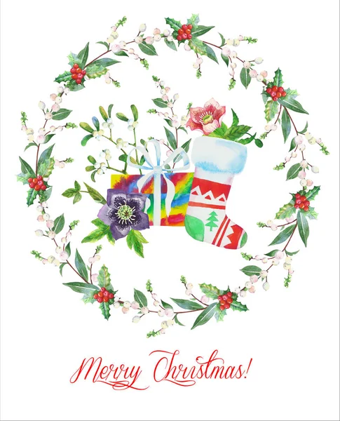 Christmas Socks and Wreath — Stock Photo, Image