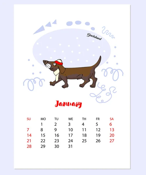 Calendário de esboço Dachshund engraçado — Vetor de Stock