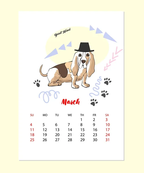 Rolig Basset Hound skiss kalender — Stock vektor