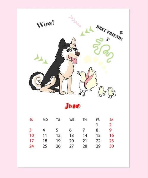 Calendário de esboço de cachorro Husky engraçado — Vetor de Stock