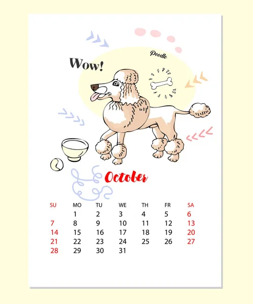 Calendario divertido caniche bosquejo perro — Archivo Imágenes Vectoriales