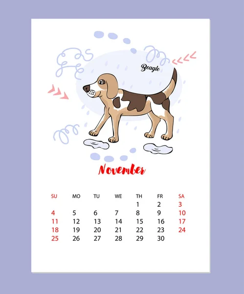 Engraçado Beagle Dog Sketch Calendário — Vetor de Stock