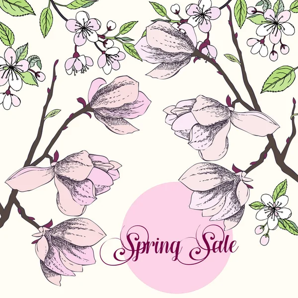 Fondo con magnolia y árbol de flor de cerezo — Vector de stock