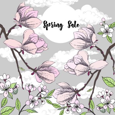 Manolya ve cherry blossom ağaç arka plan