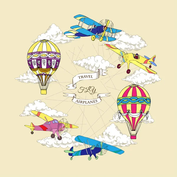 Background with Colored Airplanes an Air Balloons — Stock Vector