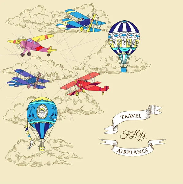 背景与飞机和热气球 — 图库矢量图片