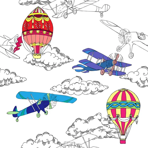 Seamless mönster med moln, varmluftsballonger och flygplan — Stock vektor