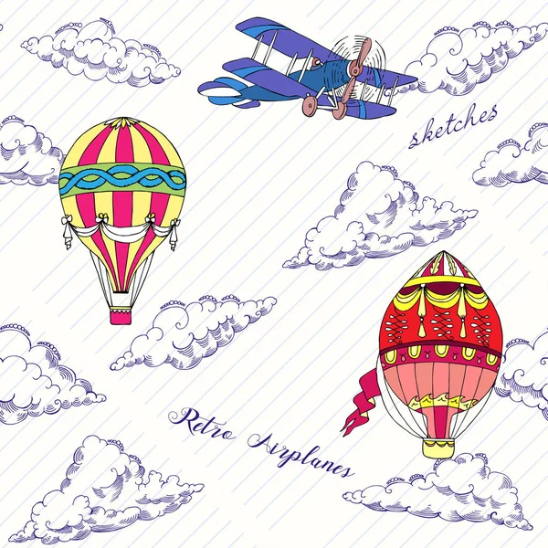 Patrón sin costuras con nubes, globos de aire caliente y aviones — Archivo Imágenes Vectoriales