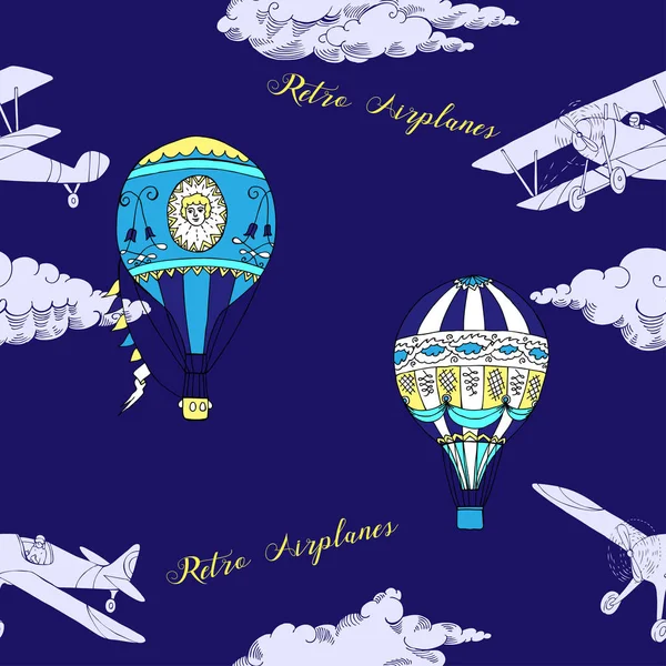 无缝模式与云, 热气球和飞机 — 图库矢量图片