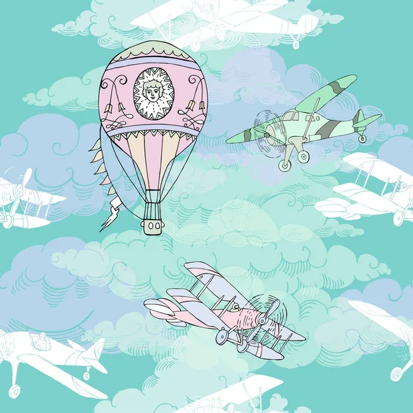 Бесшовный рисунок с облаками, воздушными шарами и самолетами — стоковый вектор