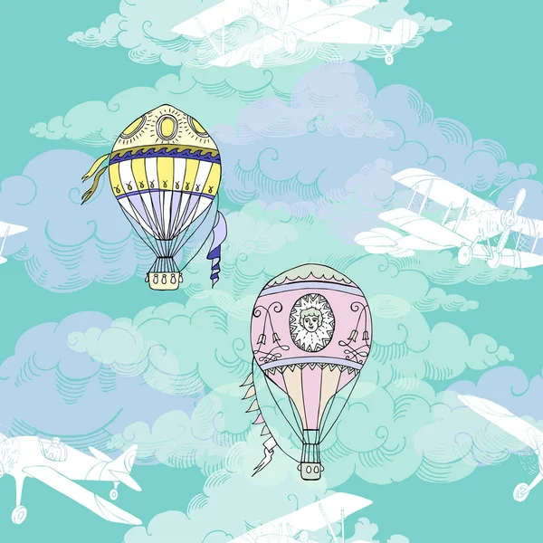 구름, 뜨거운 공기 풍선, 비행기와 완벽 한 패턴 — 스톡 벡터