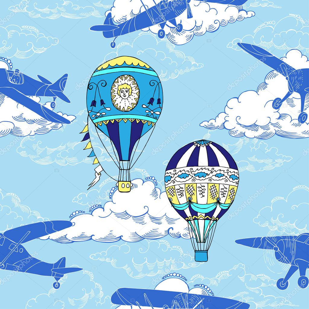 Seamless pattern with clouds, hot air balloons and airplanes