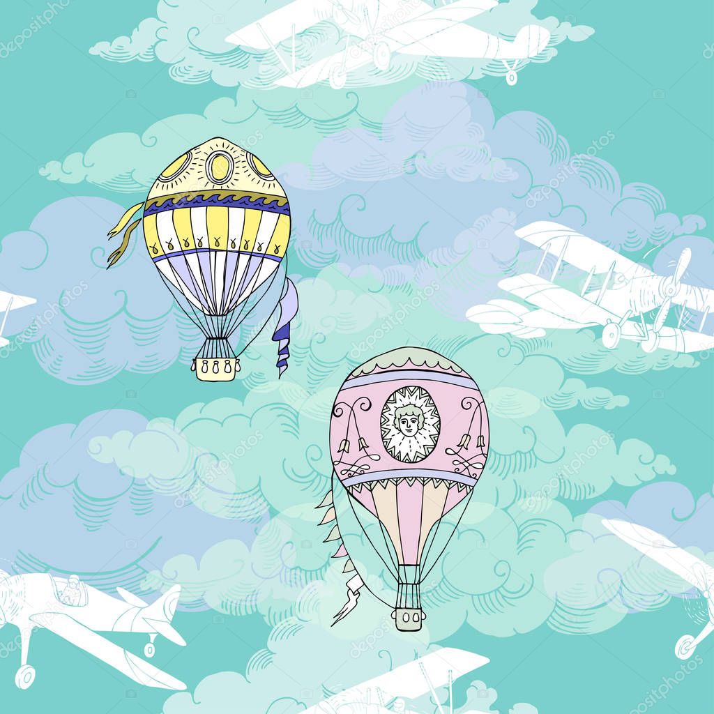 Seamless pattern with clouds, hot air balloons and airplanes
