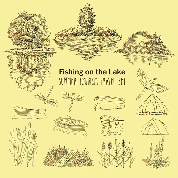 钓鱼在湖背景与小船 — 图库矢量图片