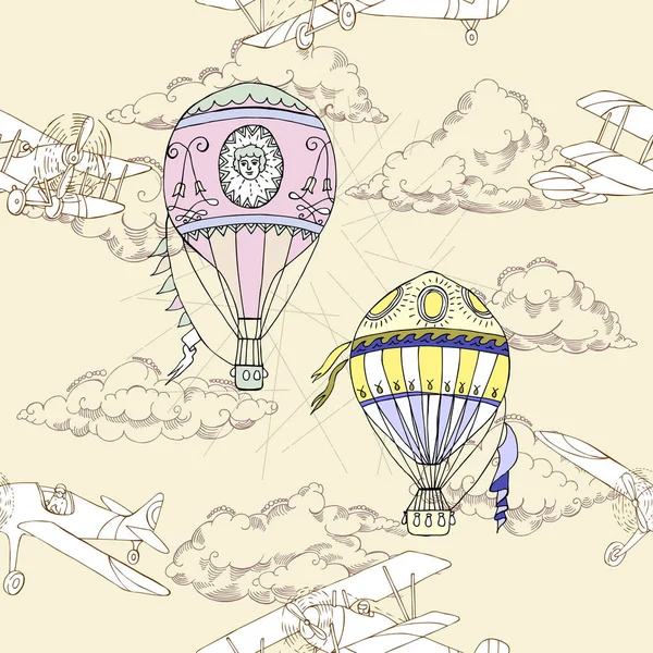 Naadloze patroon met wolken en lucht ballonnen — Stockvector