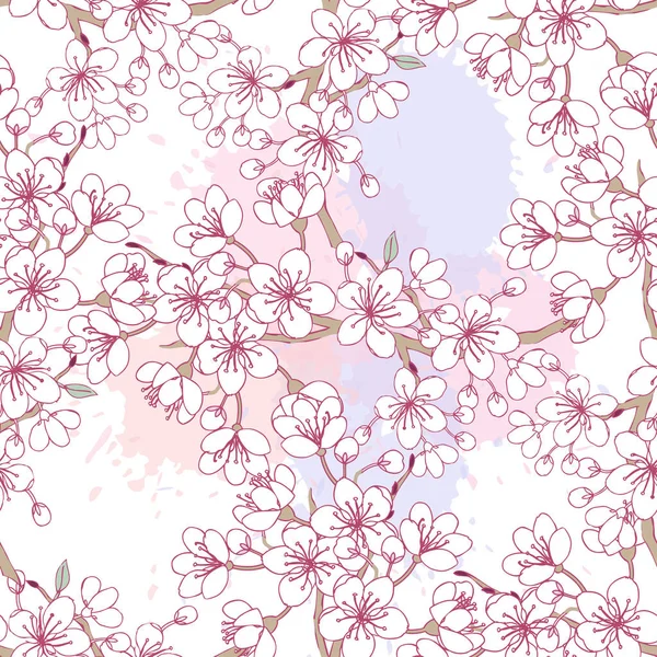 รูปแบบที่ไร้รอยต่อกับซากุระ ต้นไม้ฤดูใบไม้ผลิที่วาดด้วยมือ . — ภาพเวกเตอร์สต็อก